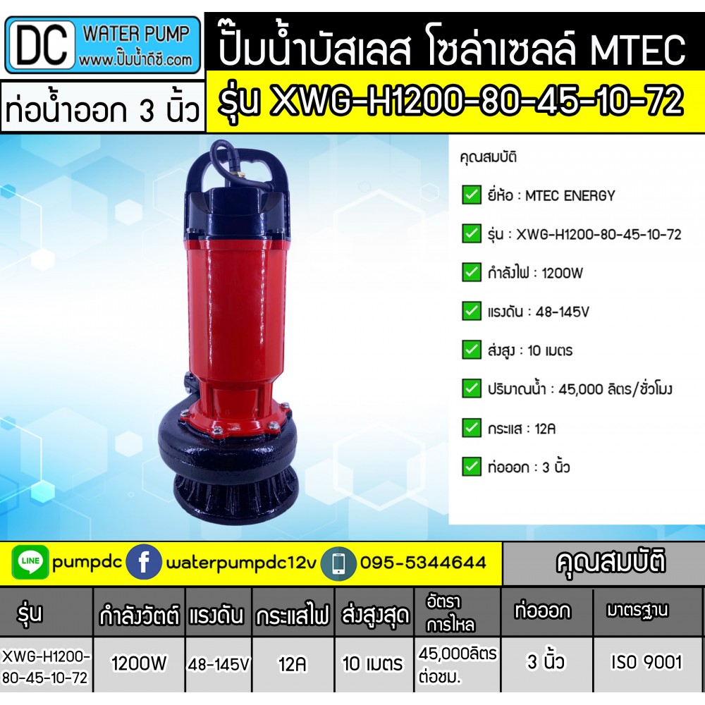 ปั๊มจุ่มบัสเลส 1200W 48-145V MTEC รุ่น XWG-H1200-80-45-10-72 ท่อออก 3 นิ้ว