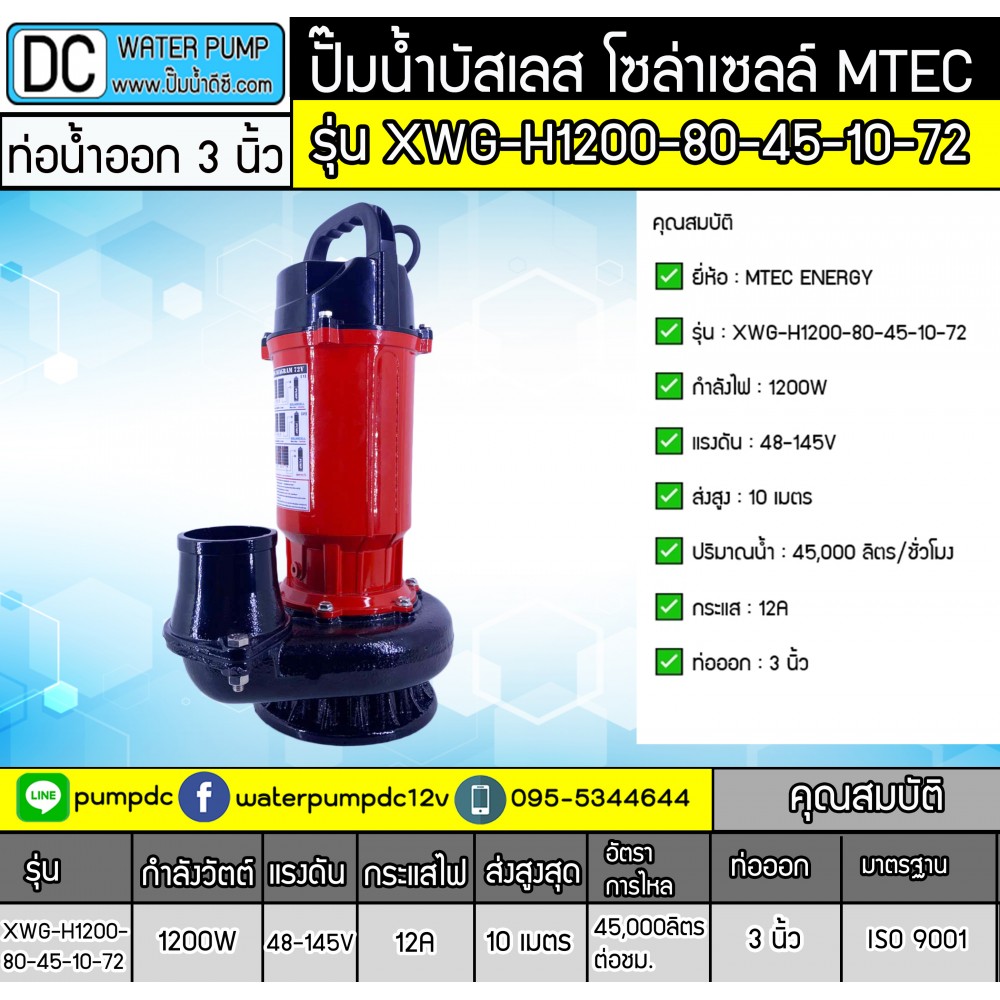 ปั๊มจุ่มบัสเลส 1200W 48-145V MTEC รุ่น XWG-H1200-80-45-10-72 ท่อออก 3 นิ้ว